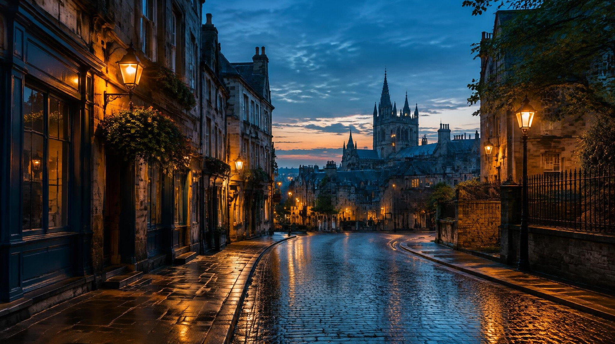 Old city street at night with warm lights and wet pavement